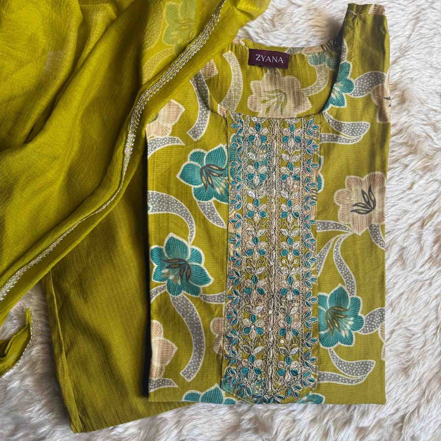 Olive Green Floral Printed Kurta Set with Embroidered Neckline