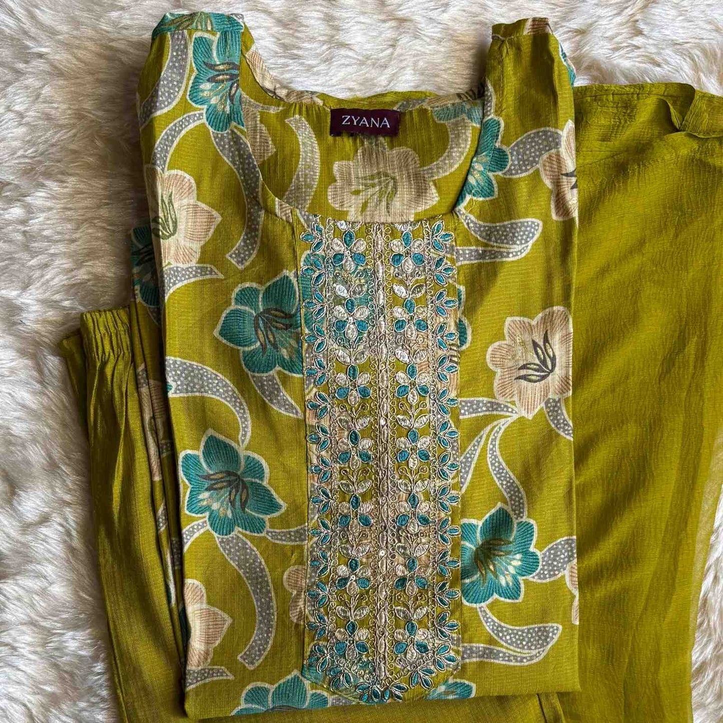 Olive Green Floral Printed Kurta Set with Embroidered Neckline