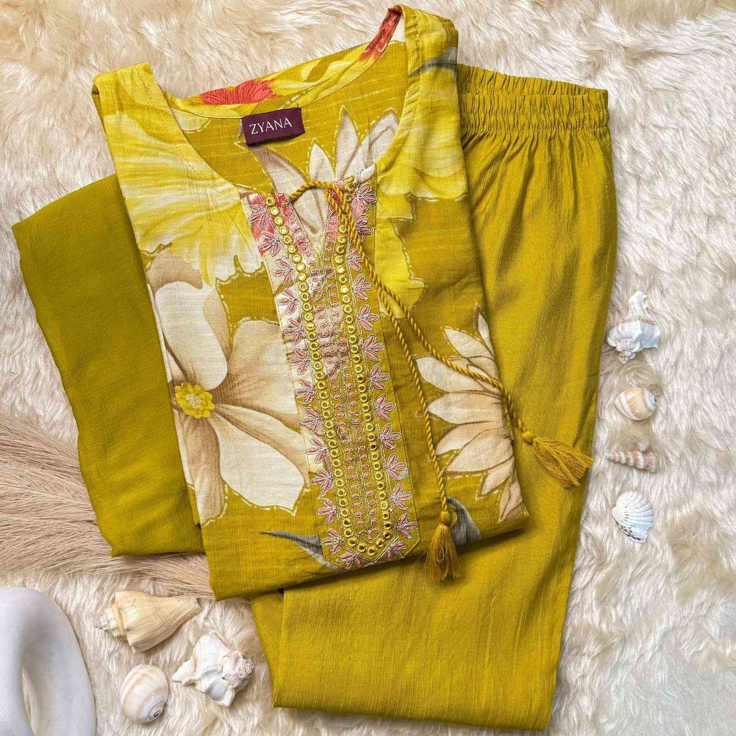 Mustard Printed Kurta Set with Embroidered Neckline
