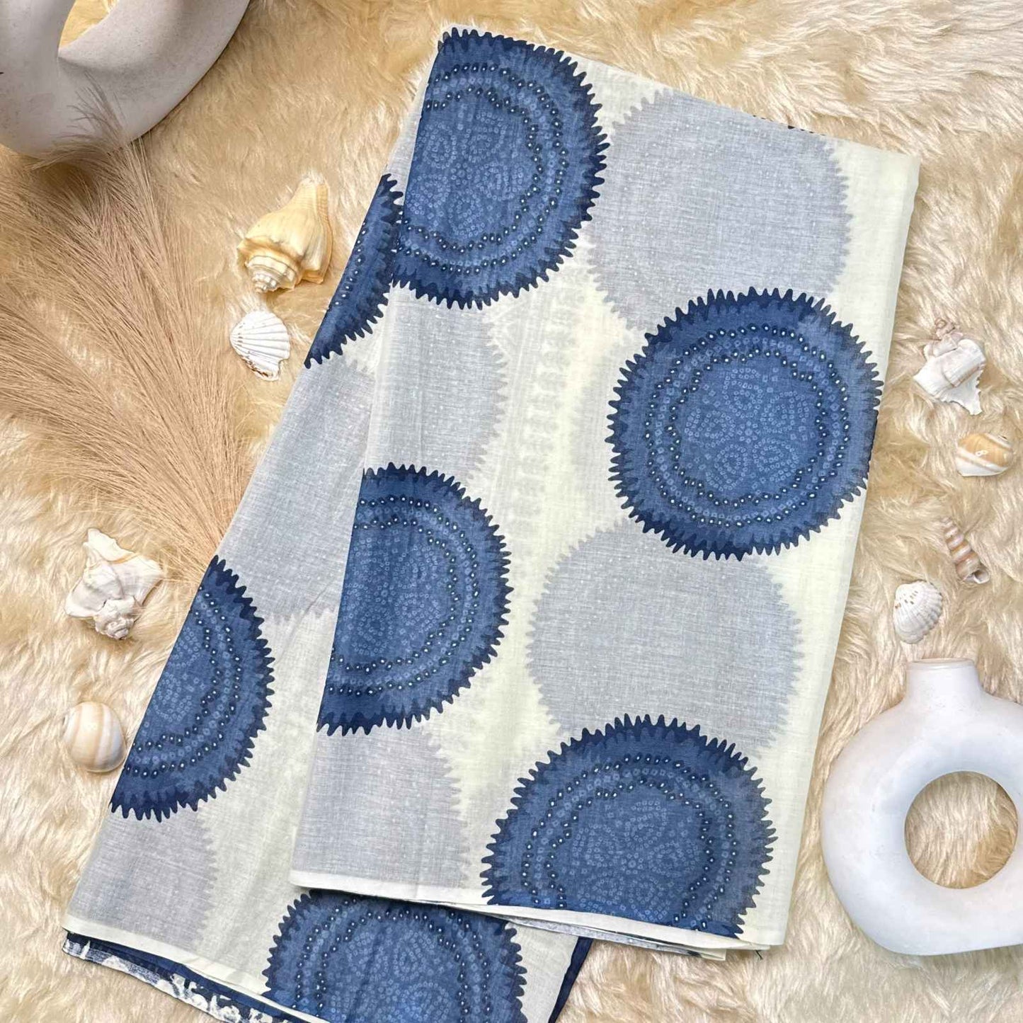 Off-White Blue Printed Kurta Set with V Neckline