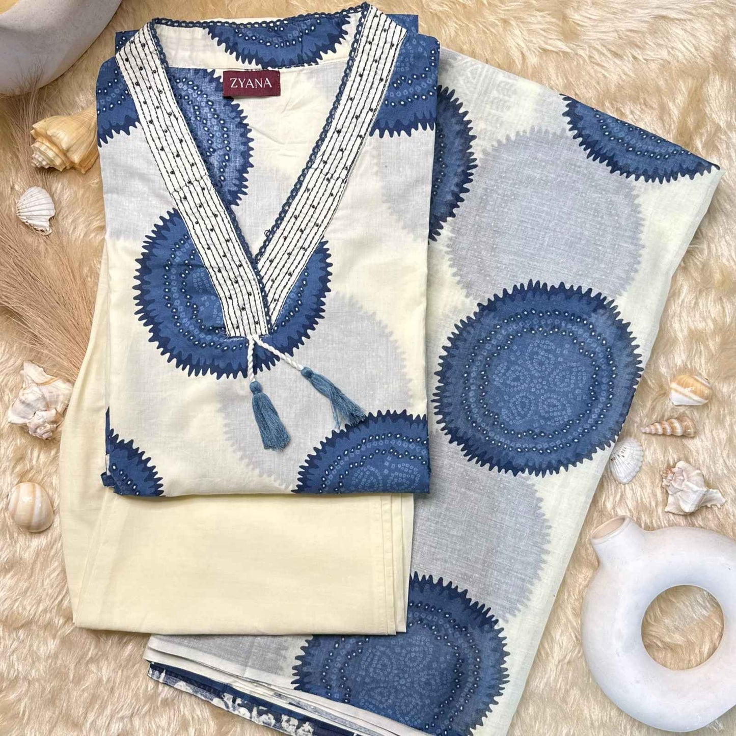 Off-White Blue Printed Kurta Set with V Neckline
