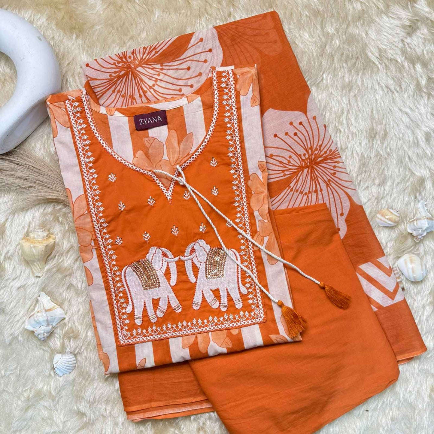 Orange Embroidered Kurta Set with Floral Printed Dupatta