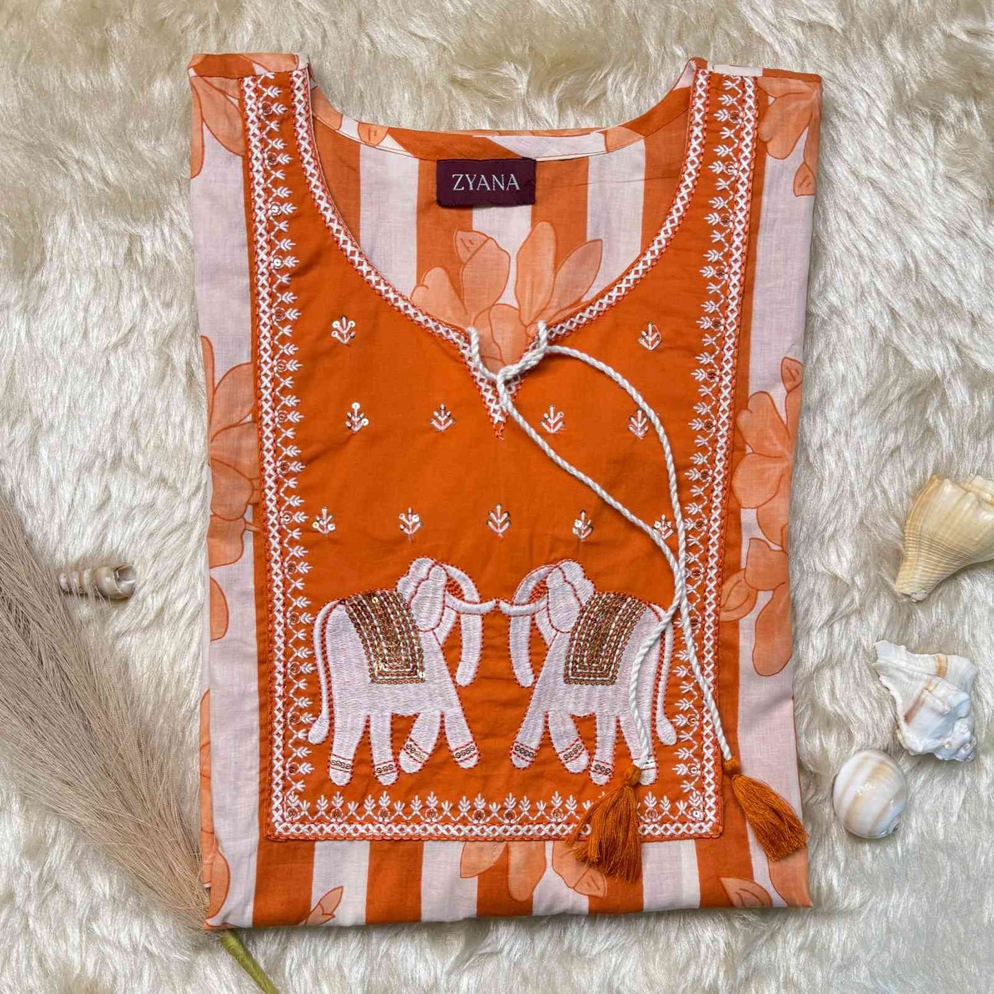 Orange Embroidered Kurta Set with Floral Printed Dupatta