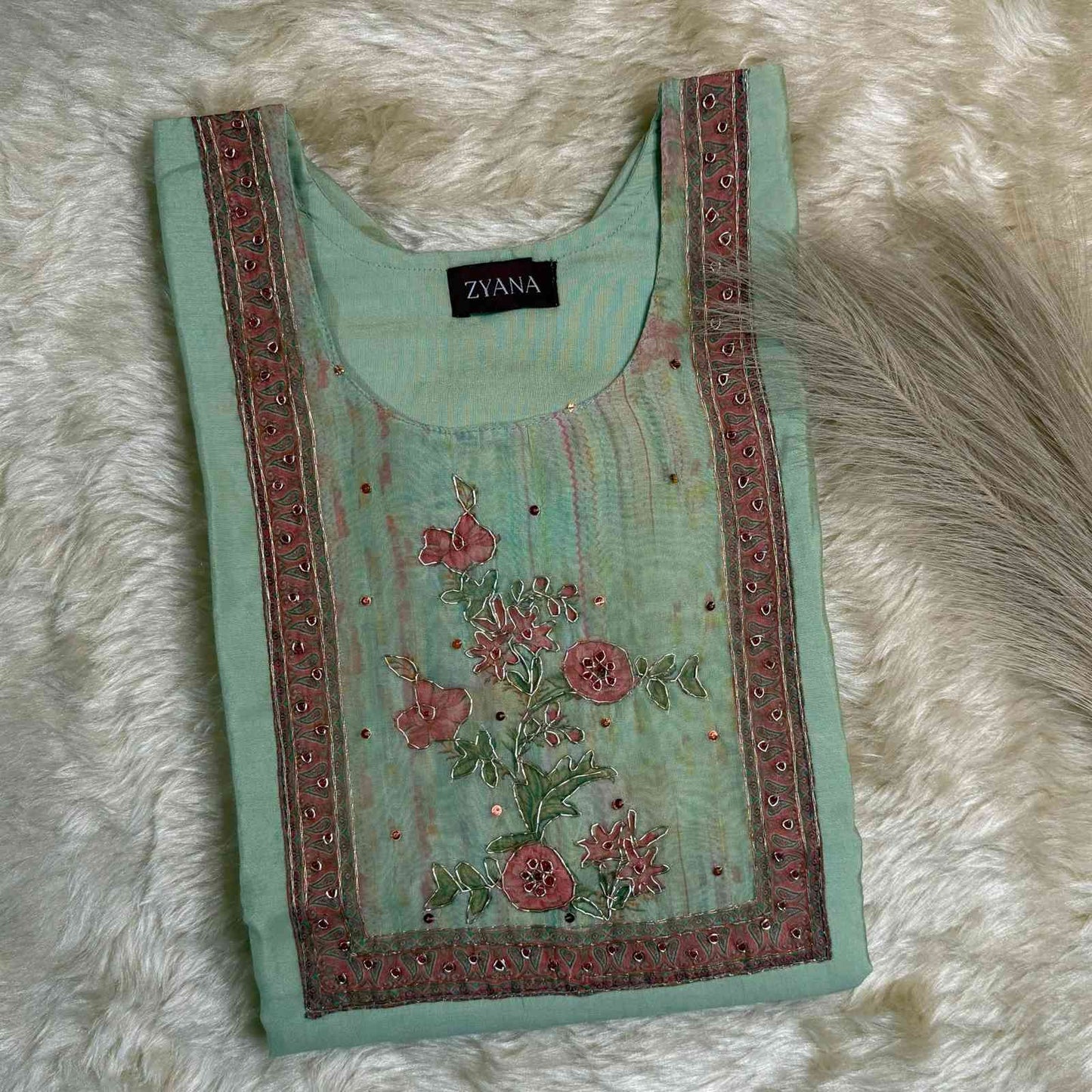 Sage Green Embroidered Floral Panel Kurta Set