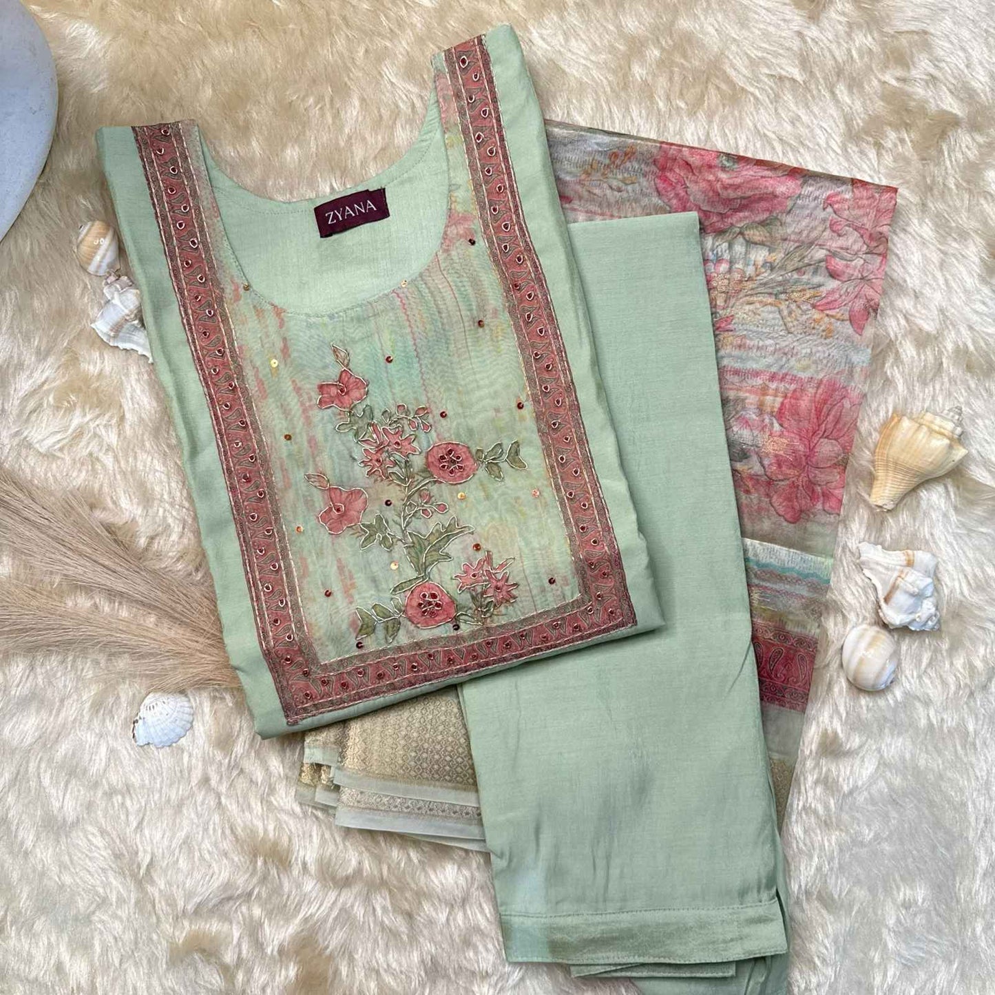 Sage Green Embroidered Floral Panel Kurta Set