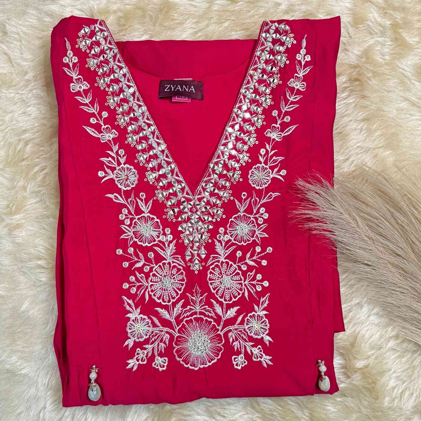 Rani Pink Floral Embroidered Kurta Set