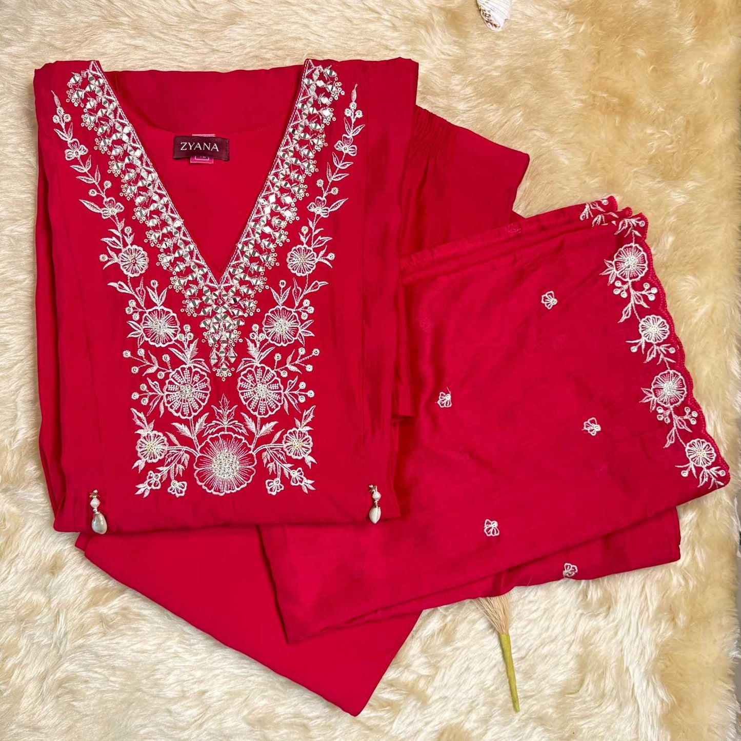 Rani Pink Floral Embroidered Kurta Set