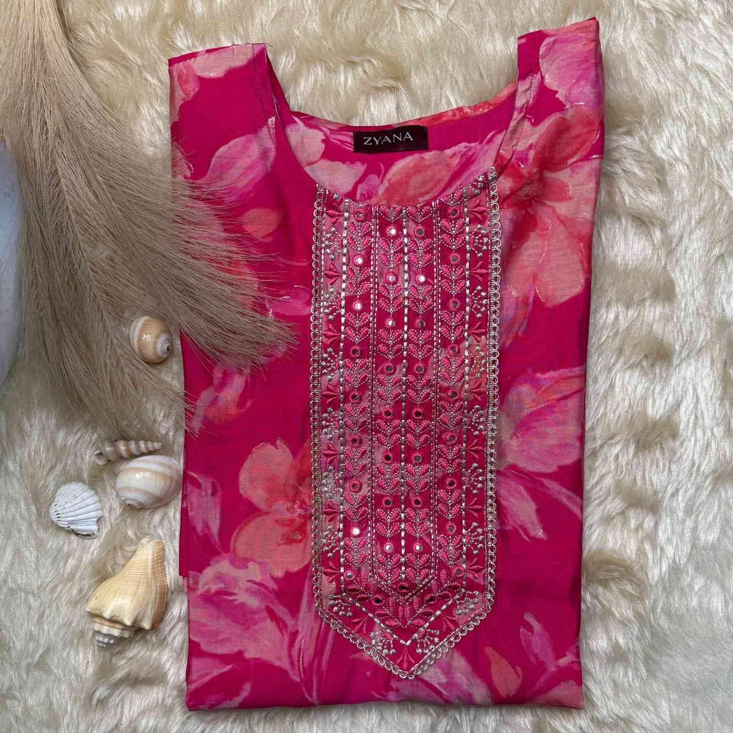 Rani Pink Floral Printed Kurta Set with Embroidered Neckline