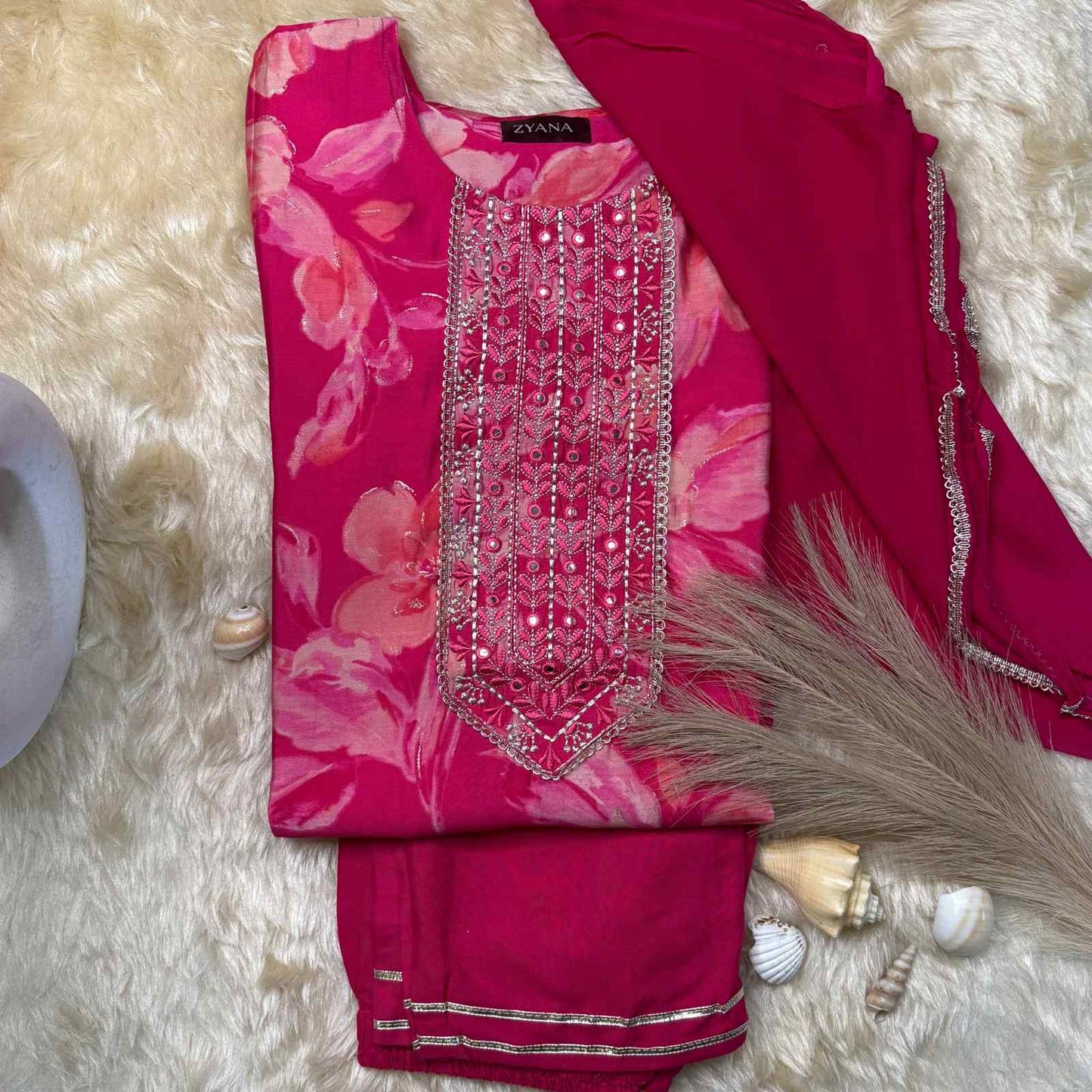 Rani Pink Floral Printed Kurta Set with Embroidered Neckline