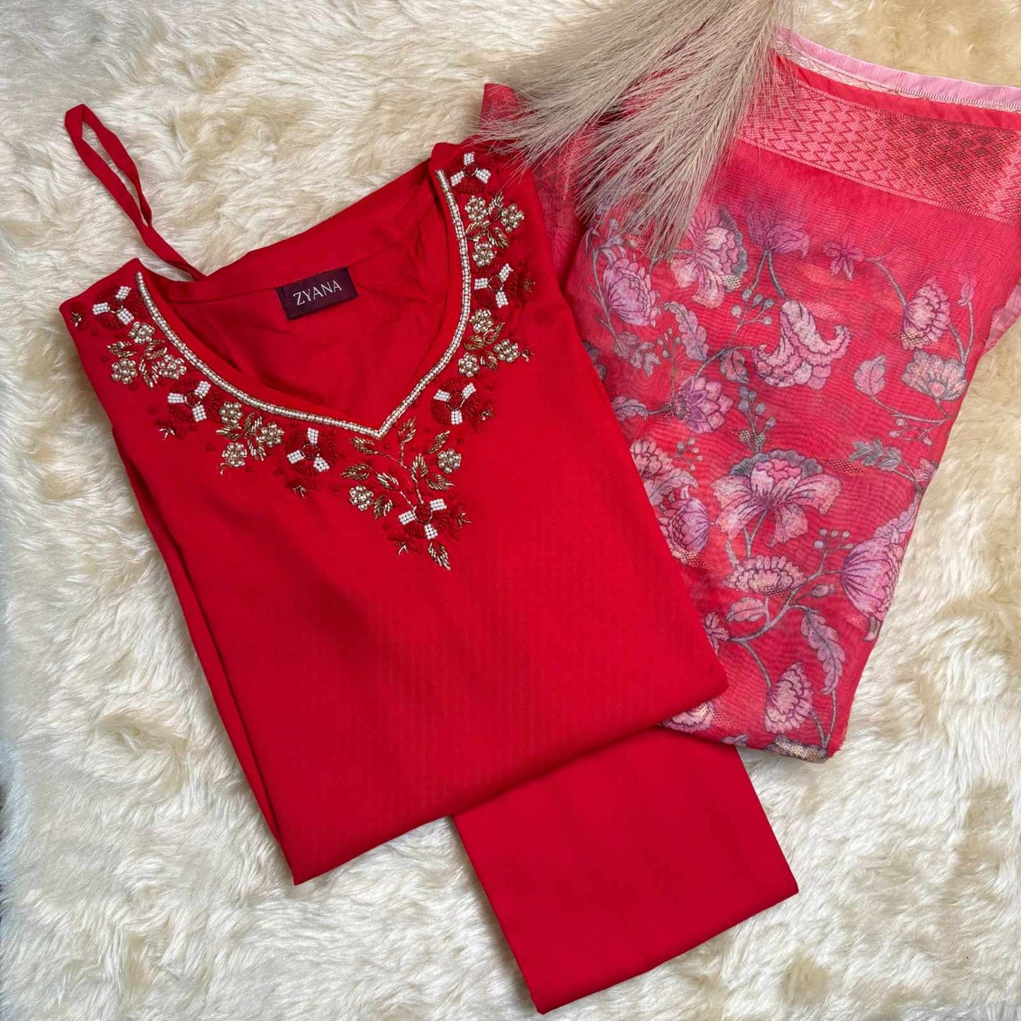 Red Embroidered Kurta Set with Floral Dupatta