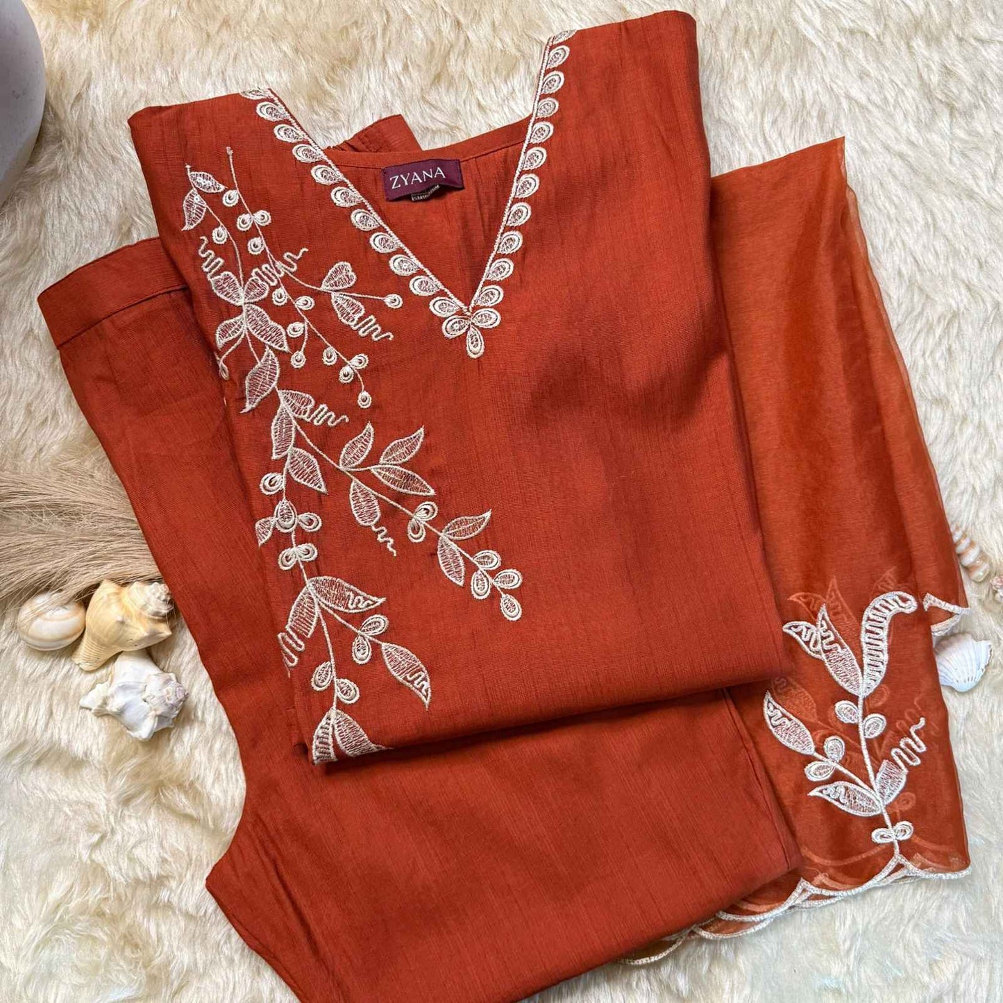Rust Embroidered Kurta Set with Embroidered Dupatta