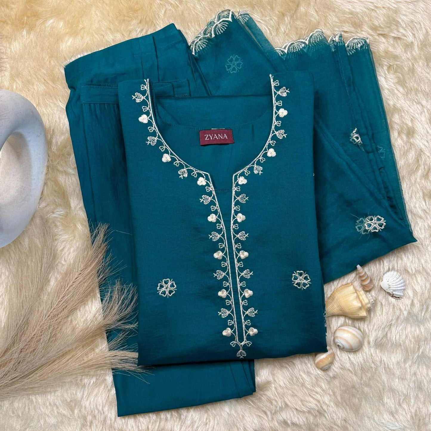Teal Blue Embroidered Kurta Set