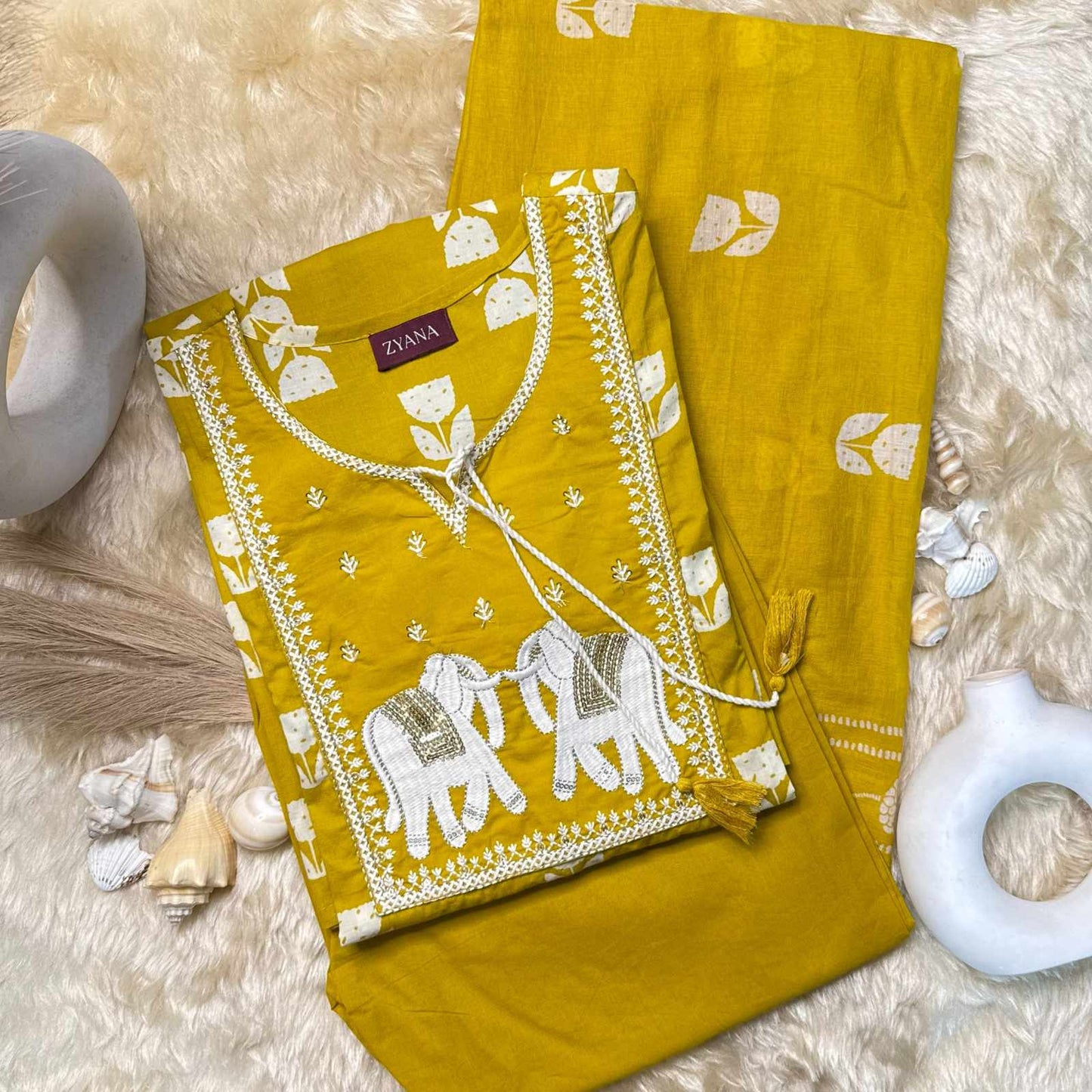 Mustard Yellow Elephant Embroidered Kurta Set