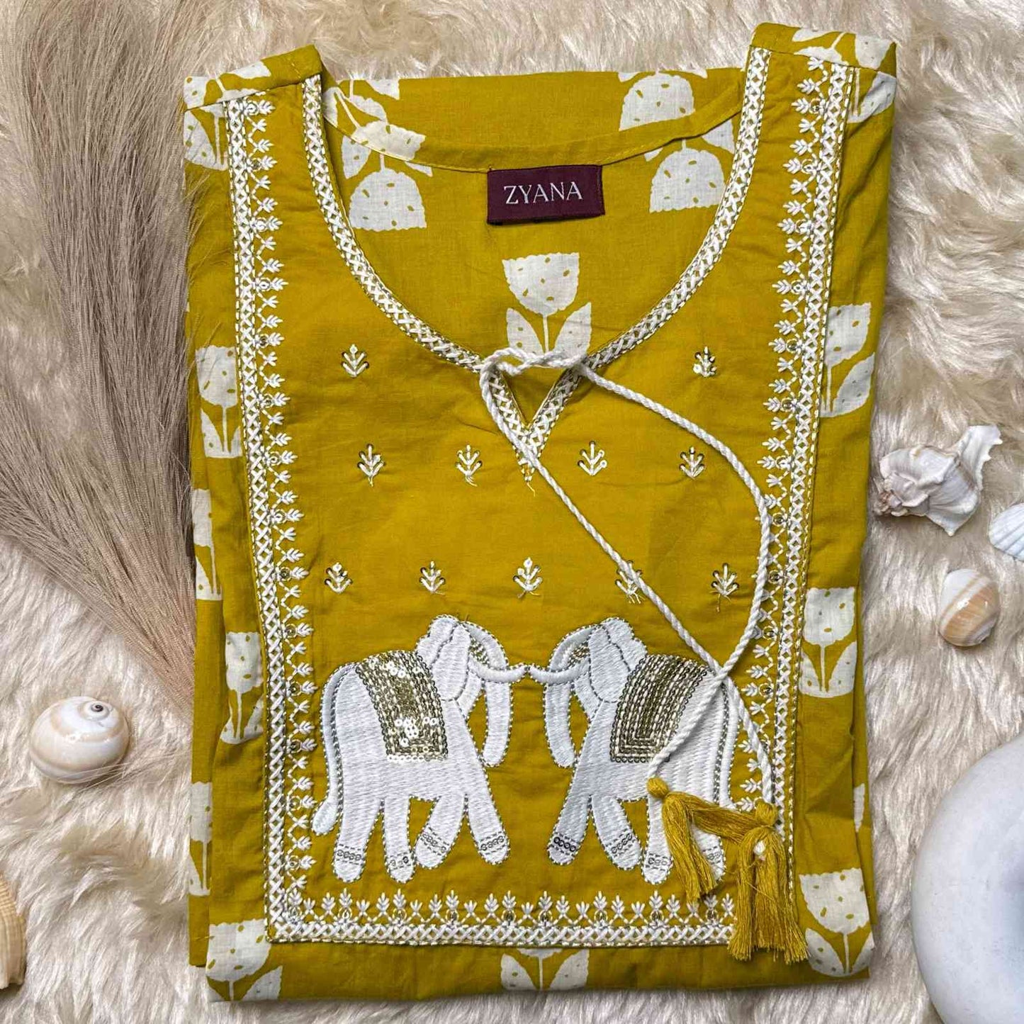 Mustard Yellow Elephant Embroidered Kurta Set