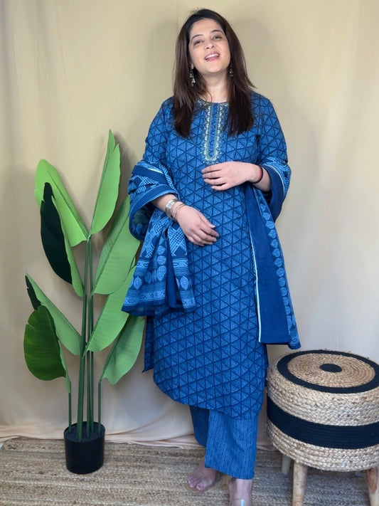 Indigo Blue Embroidered Neckline Kurta Set