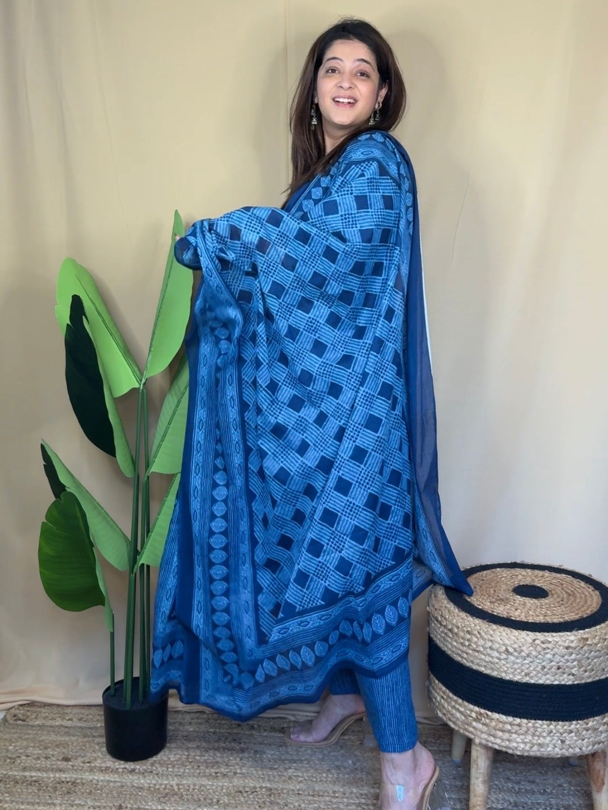 Indigo Blue Embroidered Neckline Kurta Set