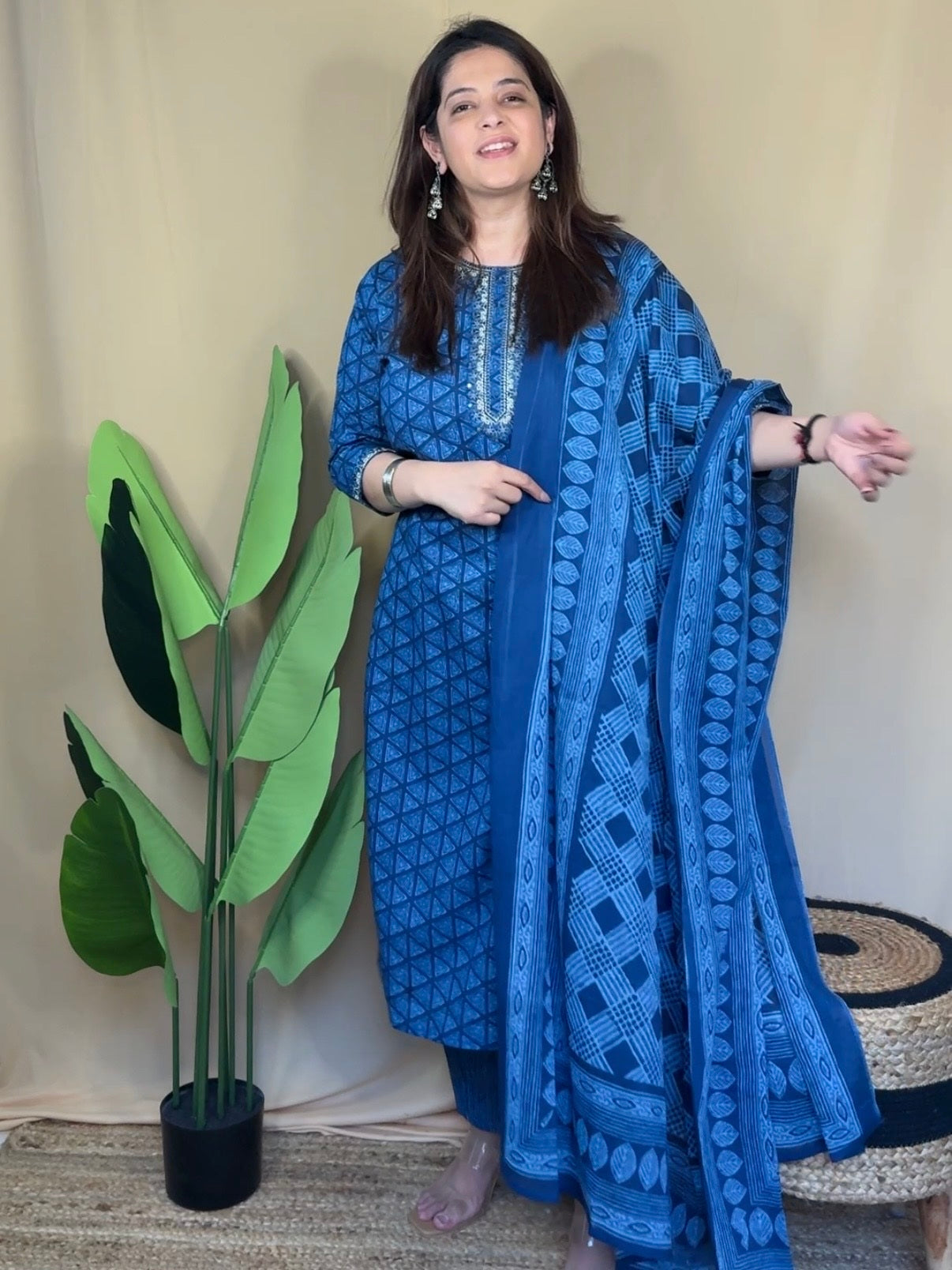 Indigo Blue Embroidered Neckline Kurta Set