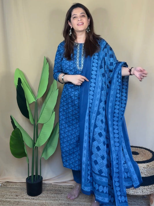 Indigo Blue Embroidered Neckline Kurta Set