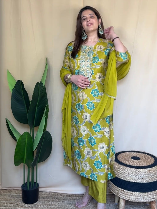 Olive Green Floral Printed Kurta Set with Embroidered Neckline
