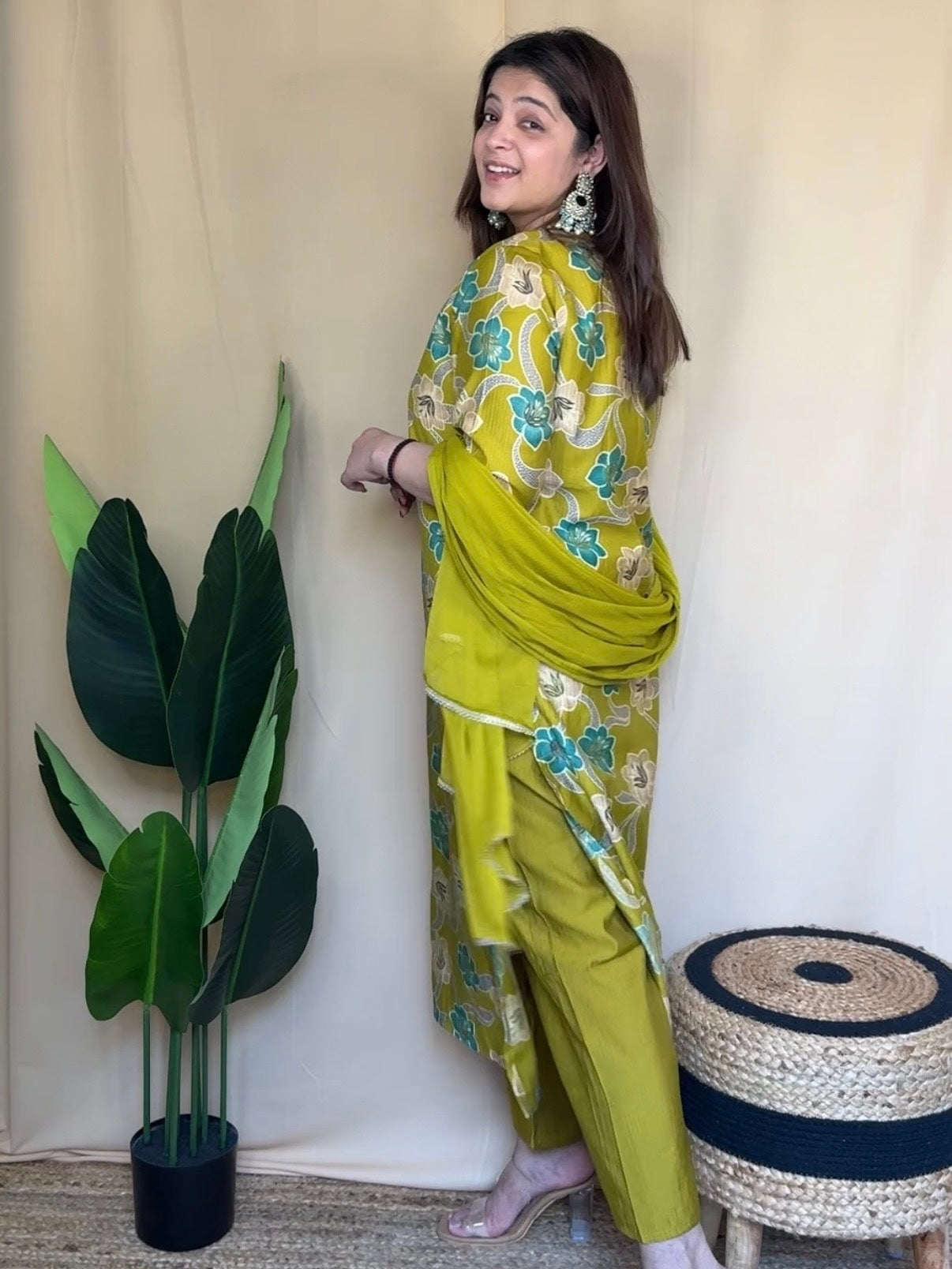 Olive Green Floral Printed Kurta Set with Embroidered Neckline