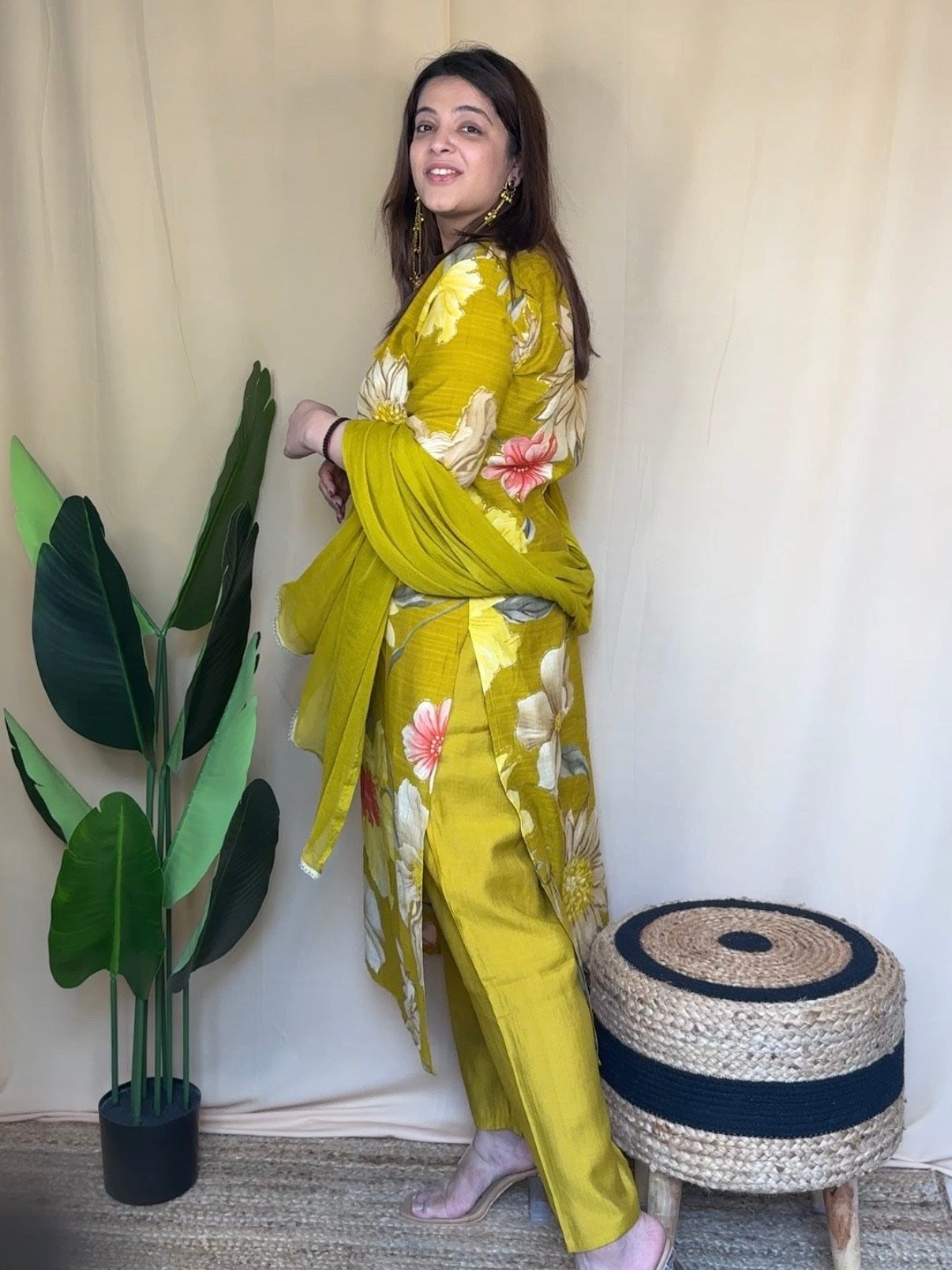 Mustard Printed Kurta Set with Embroidered Neckline