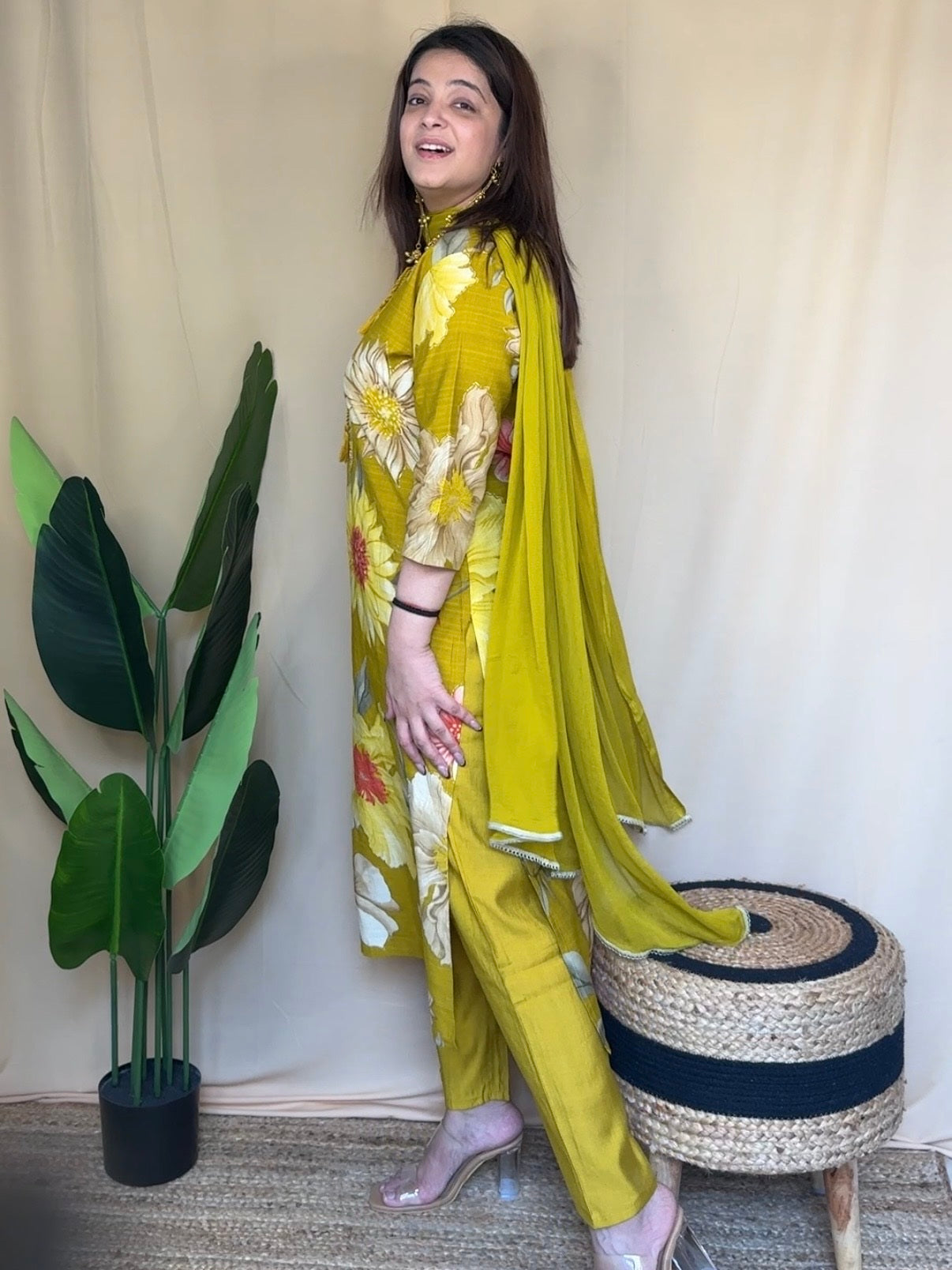 Mustard Printed Kurta Set with Embroidered Neckline