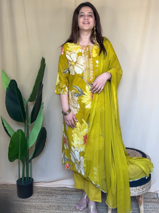 Mustard Printed Kurta Set with Embroidered Neckline