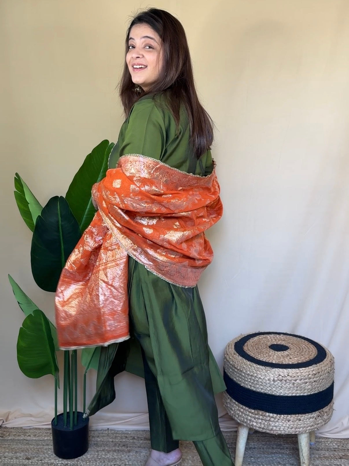 Olive green Embroidered Kurta Set with Rust Banarasi Dupatta