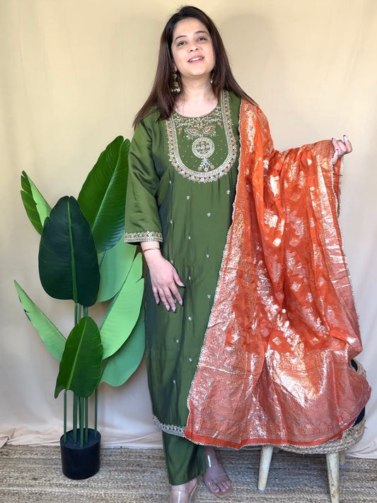 Olive green Embroidered Kurta Set with Rust Banarasi Dupatta
