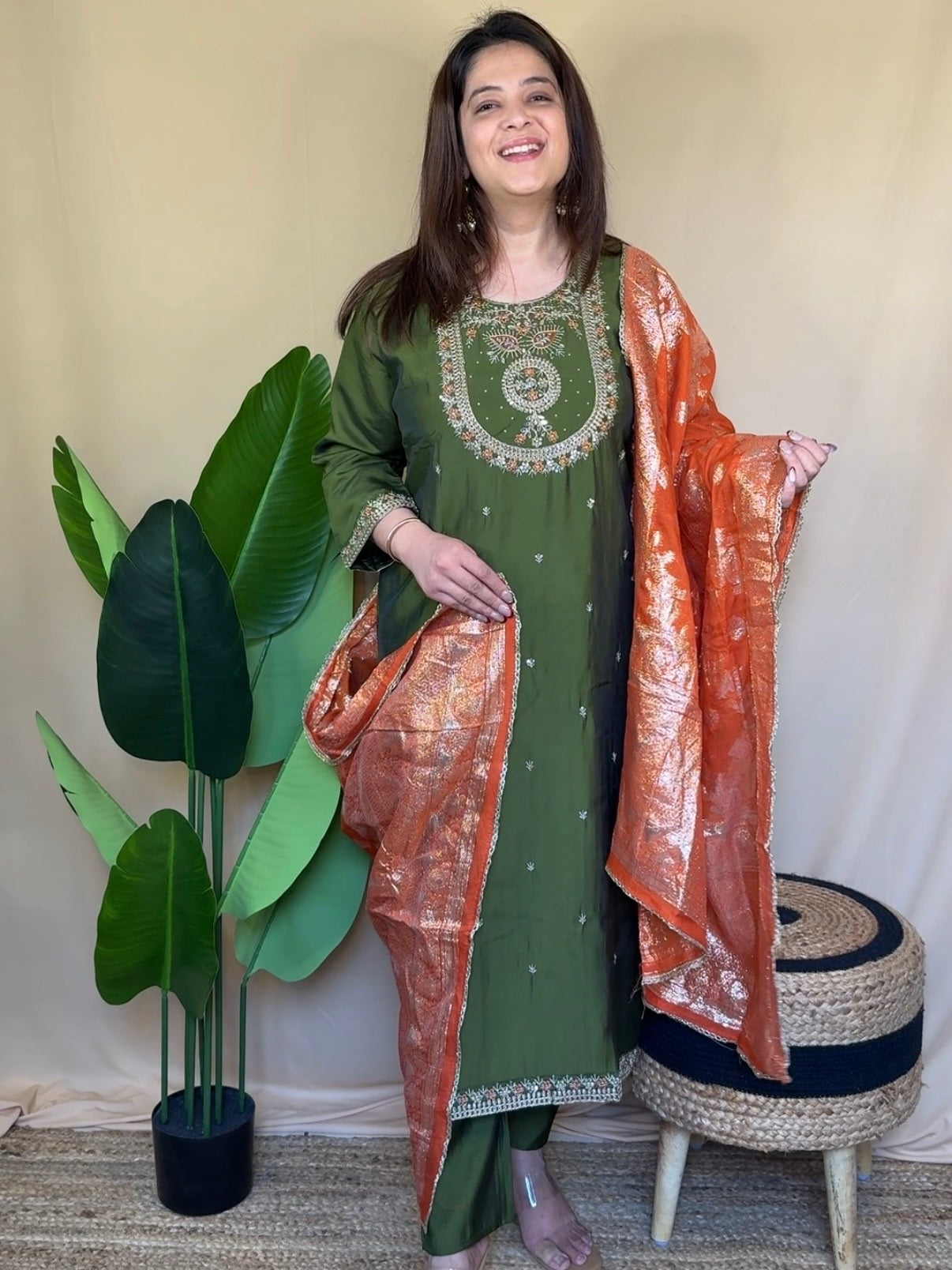 Olive green Embroidered Kurta Set with Rust Banarasi Dupatta