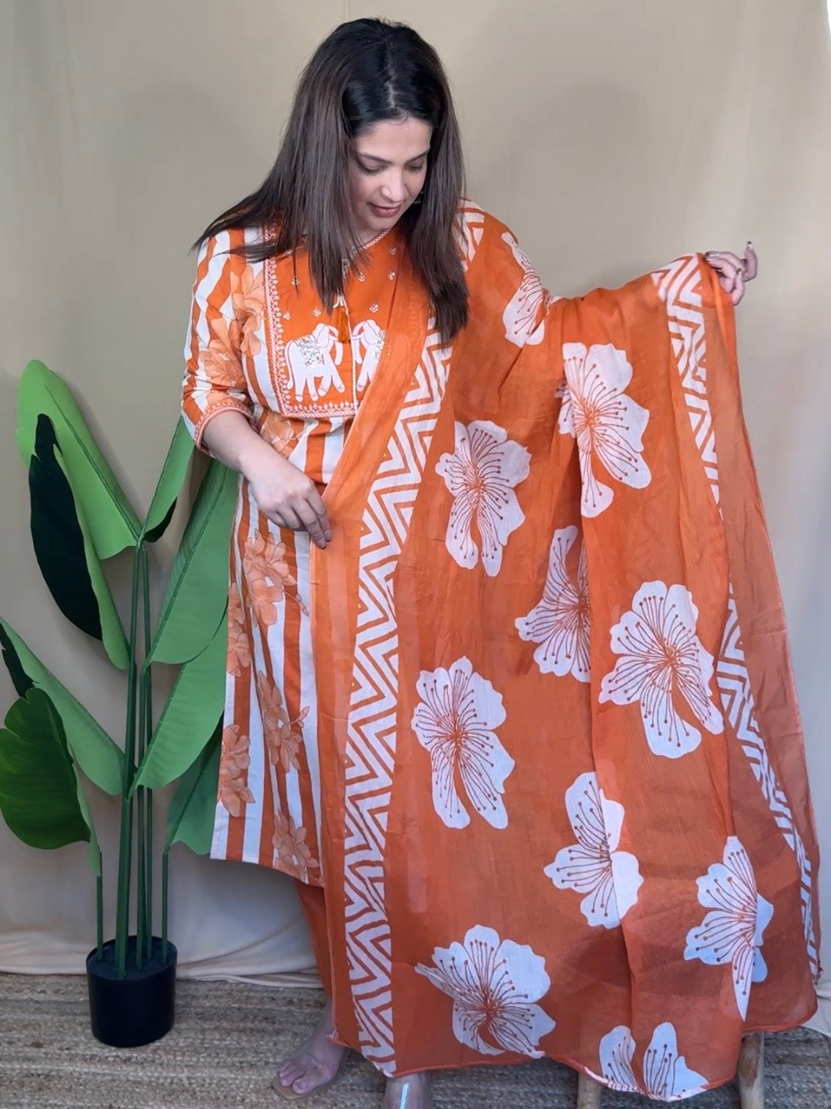 Orange Embroidered Kurta Set with Floral Printed Dupatta