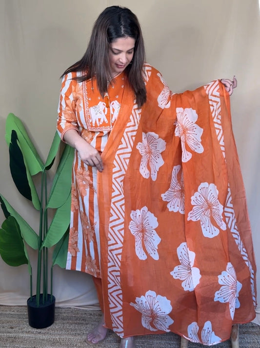 Orange Embroidered Kurta Set with Floral Printed Dupatta