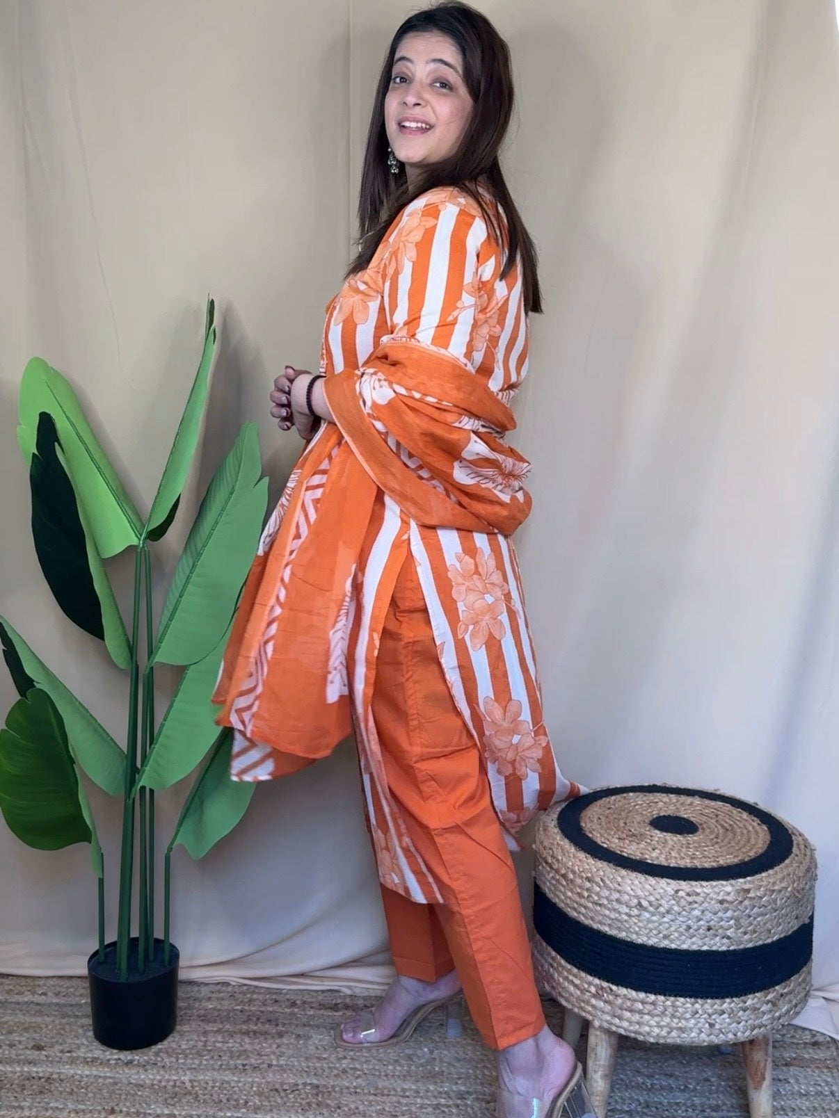 Orange Embroidered Kurta Set with Floral Printed Dupatta