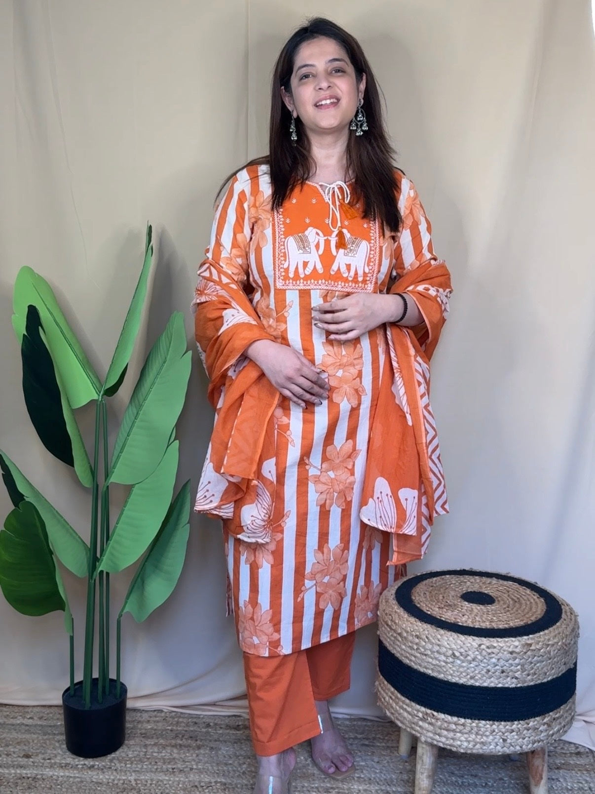 Orange Embroidered Kurta Set with Floral Printed Dupatta