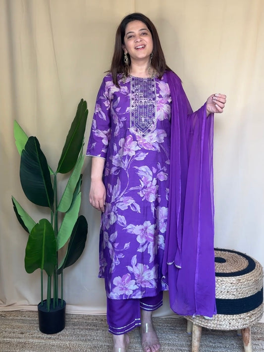 Purple Floral Printed Kurta Set with Embroidered Neckline