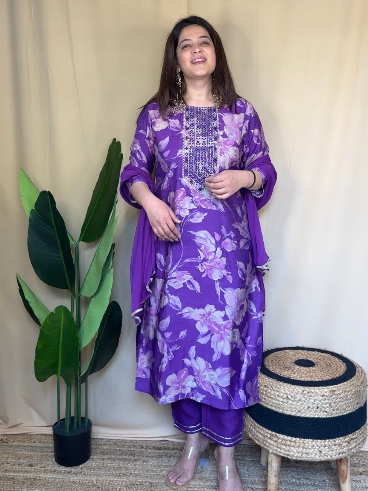 Purple Floral Printed Kurta Set with Embroidered Neckline