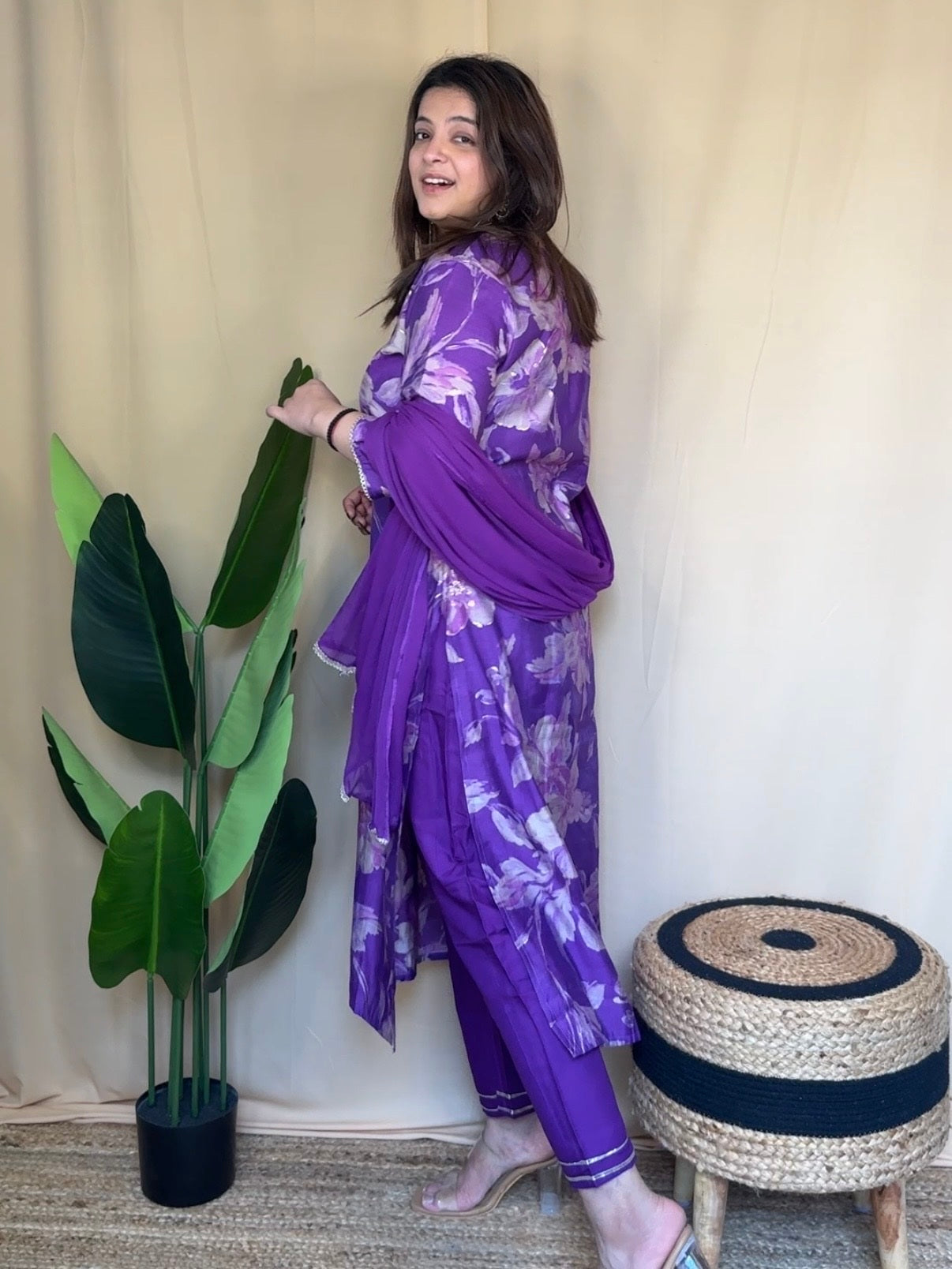 Purple Floral Printed Kurta Set with Embroidered Neckline