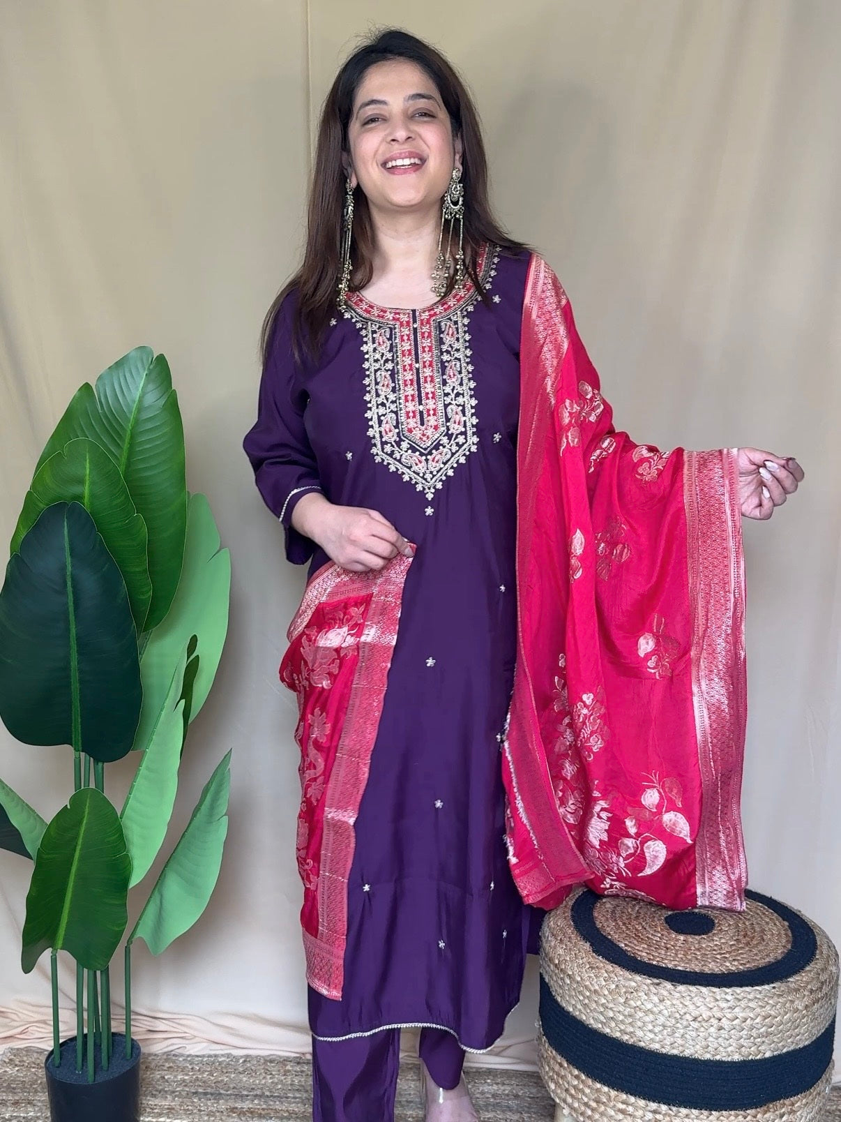Royal Purple Embroidered Kurta Set with Banarasi Dupatta