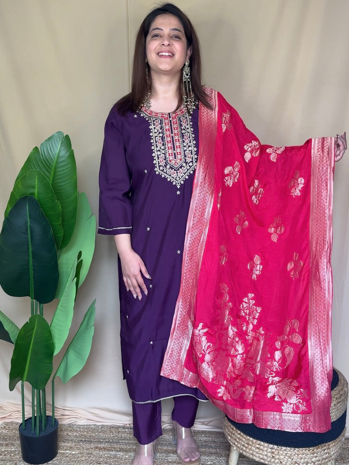 Royal Purple Embroidered Kurta Set with Banarasi Dupatta