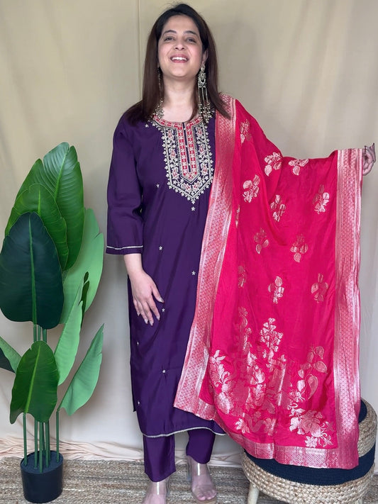Royal Purple Embroidered Kurta Set with Banarasi Dupatta