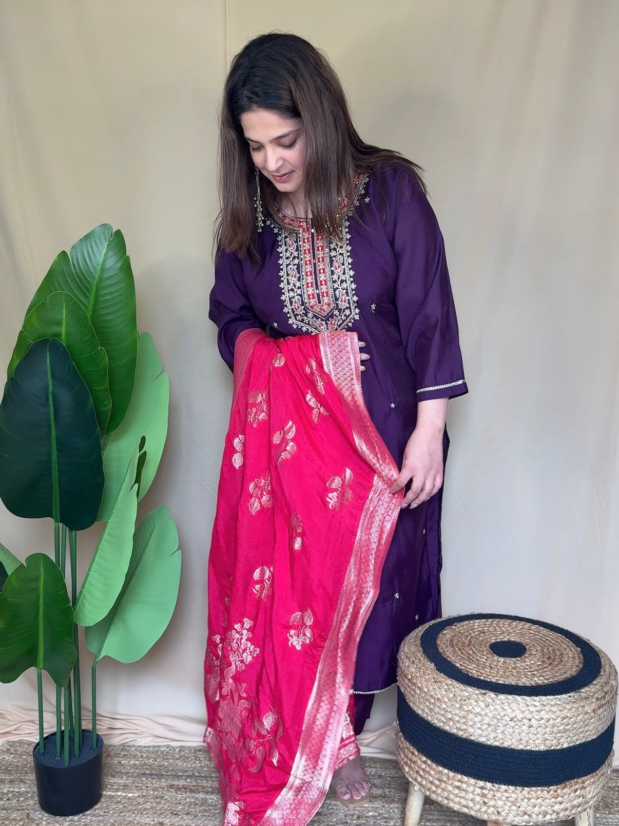Royal Purple Embroidered Kurta Set with Banarasi Dupatta