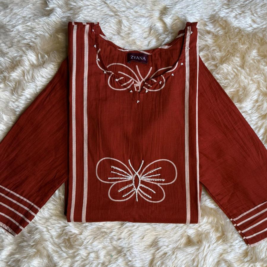 Rust Printed Kurta Set with Butterfly Motif