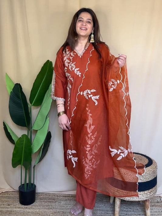 Rust Embroidered Kurta Set with Embroidered Dupatta
