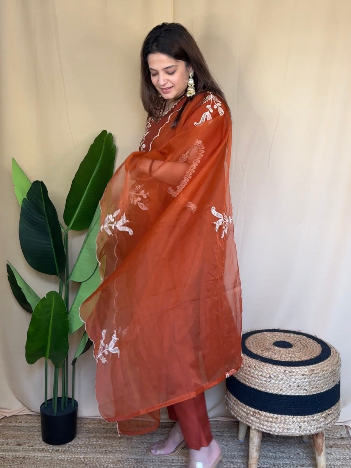Rust Embroidered Kurta Set with Embroidered Dupatta