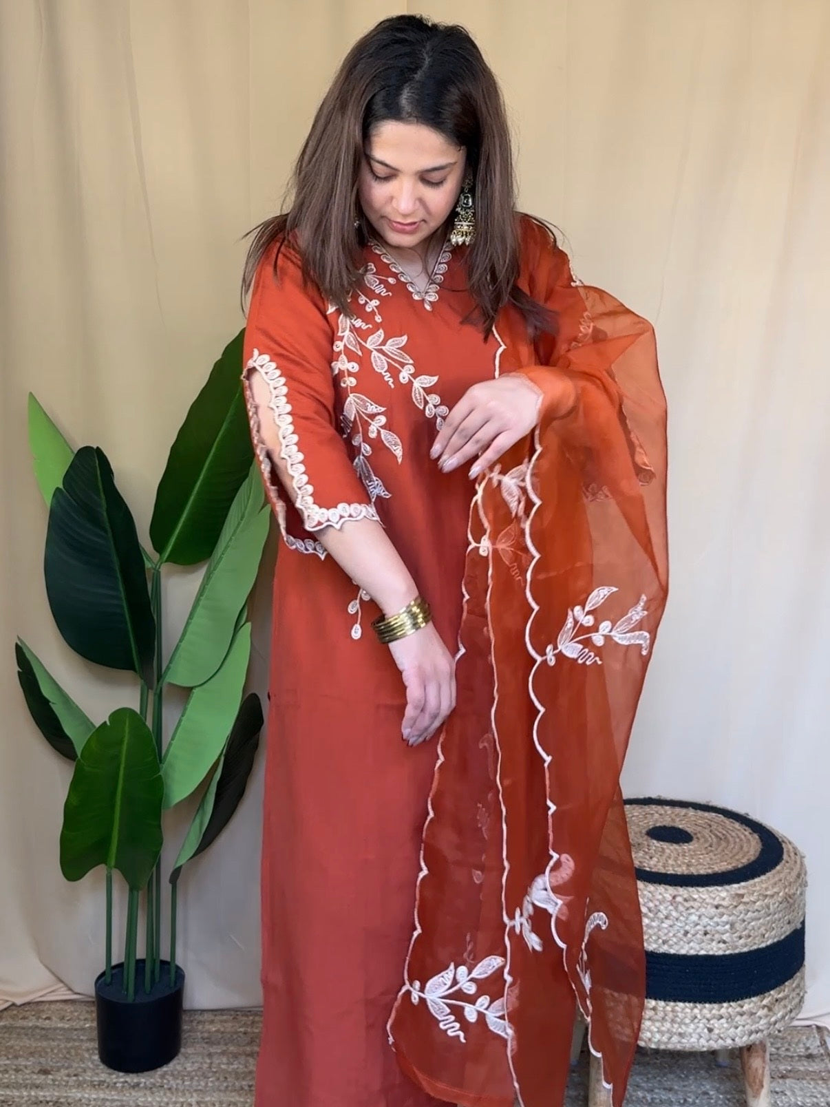 Rust Embroidered Kurta Set with Embroidered Dupatta