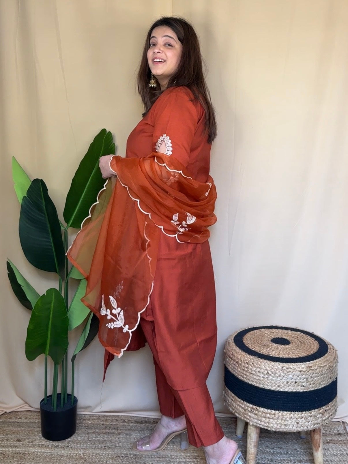 Rust Embroidered Kurta Set with Embroidered Dupatta