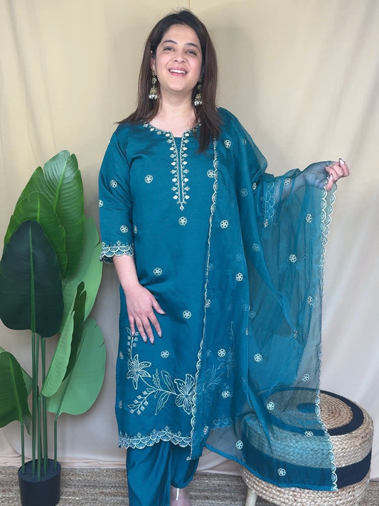 Teal Blue Embroidered Kurta Set