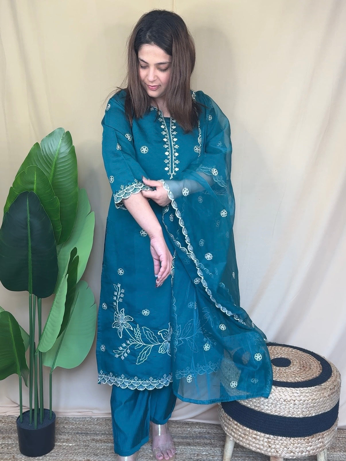 Teal Blue Embroidered Kurta Set
