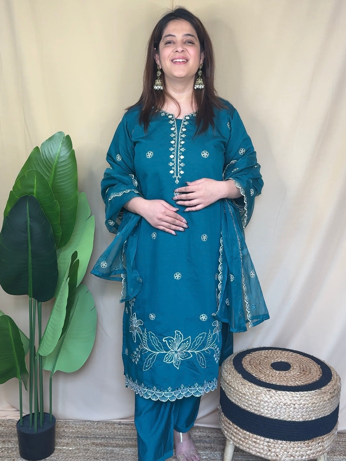 Teal Blue Embroidered Kurta Set