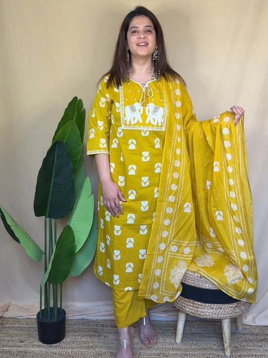 Mustard Yellow Elephant Embroidered Kurta Set